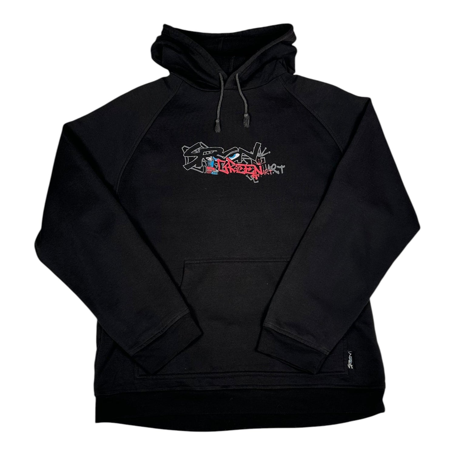 Digg It Thrift & Vintage black pullover hoodie featuring a green and red graffiti art character graphic on the chest.