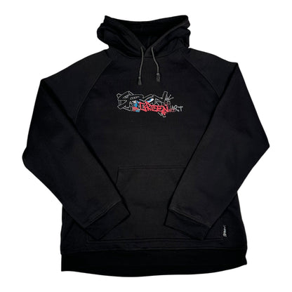 Digg It Thrift & Vintage black pullover hoodie featuring a green and red graffiti art character graphic on the chest.