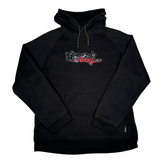 Digg It Thrift & Vintage black pullover hoodie featuring a green and red graffiti art character graphic on the chest.