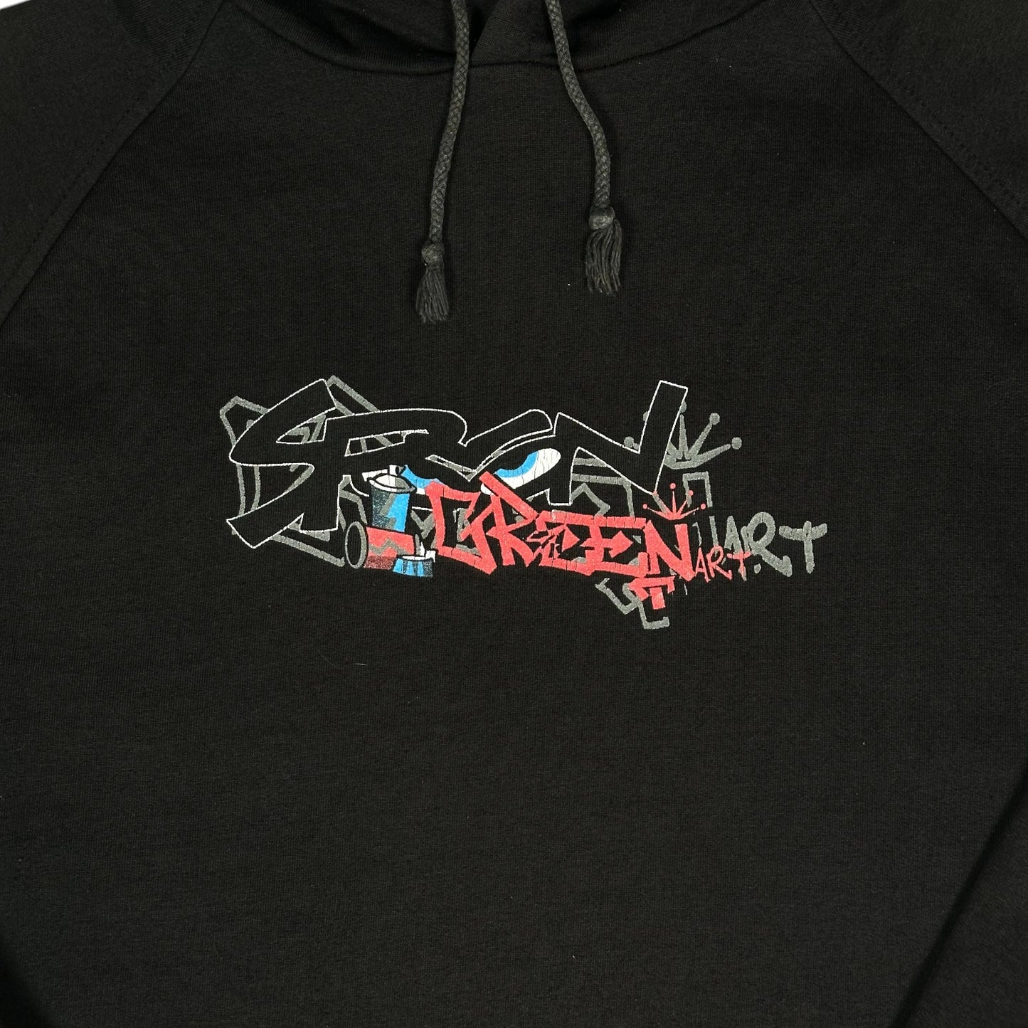 Digg It Thrift & Vintage black pullover hoodie featuring a green and red SRCN graffiti art graphic on the chest