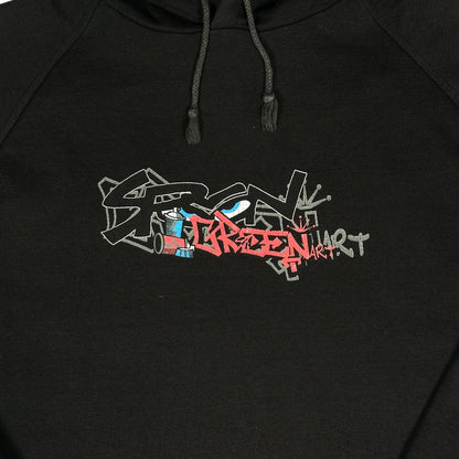Digg It Thrift & Vintage black pullover hoodie featuring a green and red SRCN graffiti art graphic on the chest