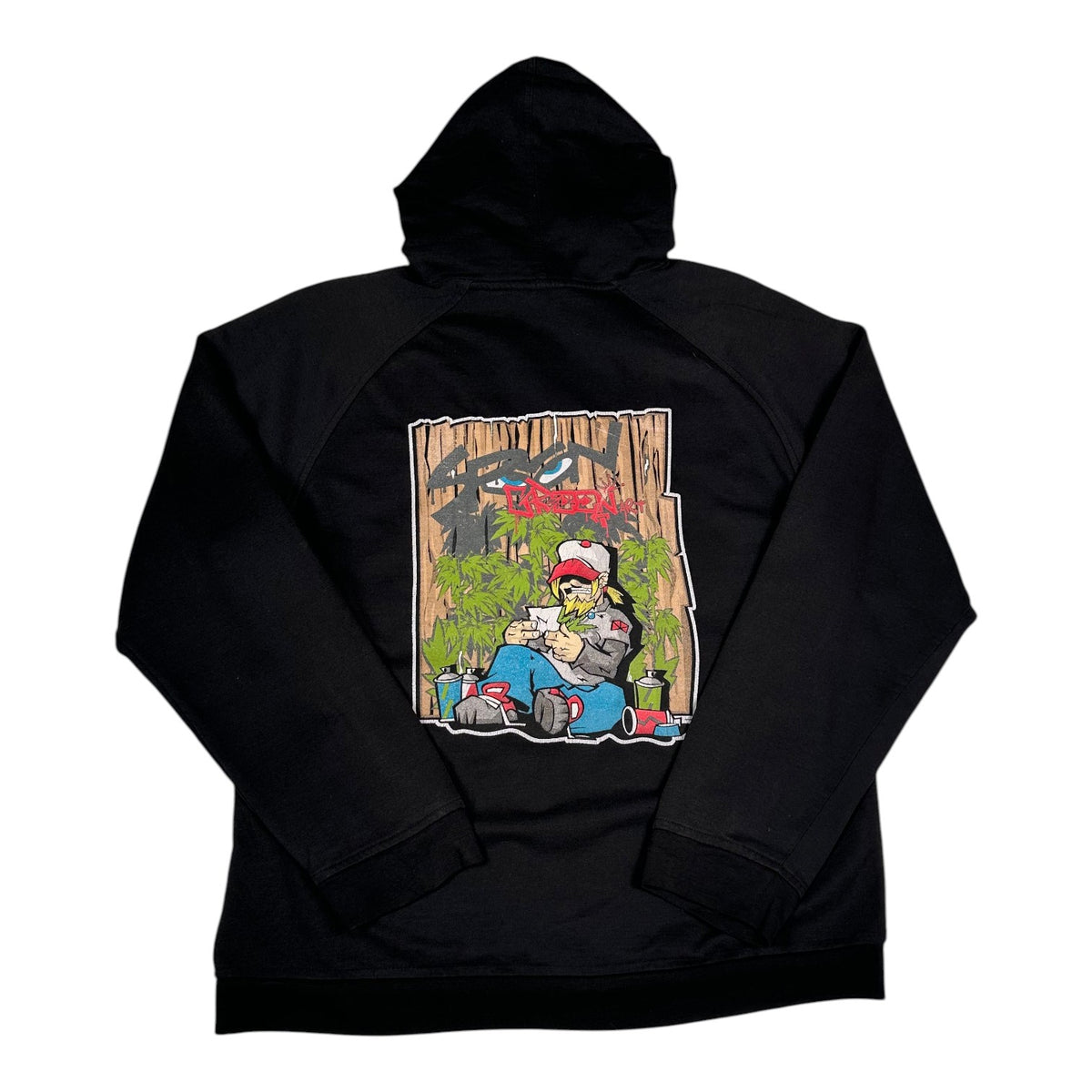 Digg It Thrift & Vintage black pullover hoodie featuring a green graffiti art character print on the back