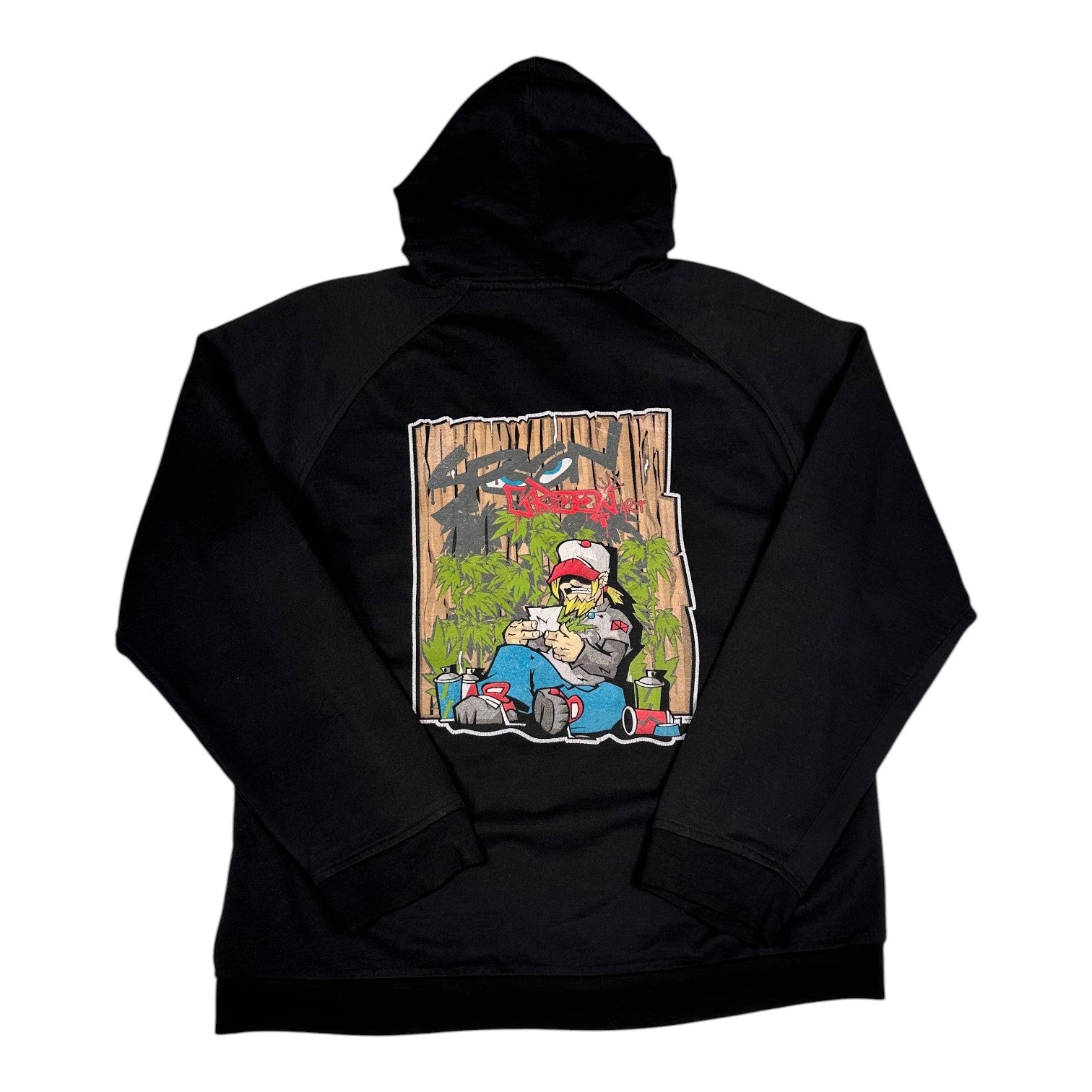 Digg It Thrift & Vintage black pullover hoodie featuring a green graffiti art character print on the back