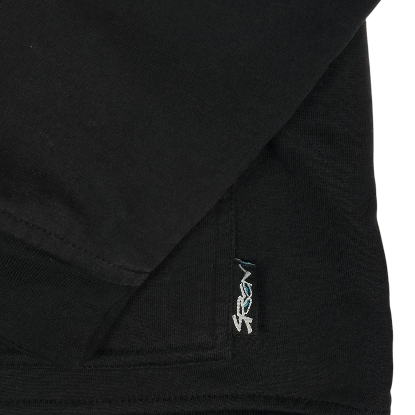 Digg It Thrift & Vintage black pullover hoodie featuring a small SRCN green graffiti character logo tag