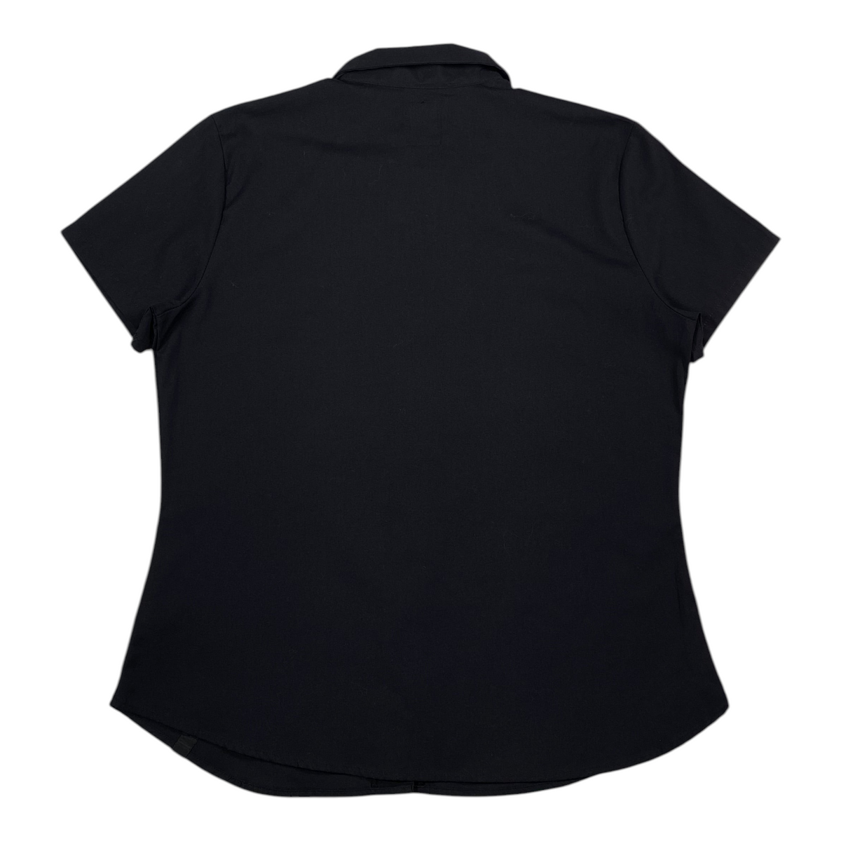 Back view of a black short sleeve work shirt from Digg It Thrift & Vintage, featuring a classic collar.