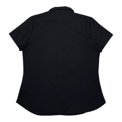 Back view of a black short sleeve work shirt from Digg It Thrift & Vintage, featuring a classic collar.