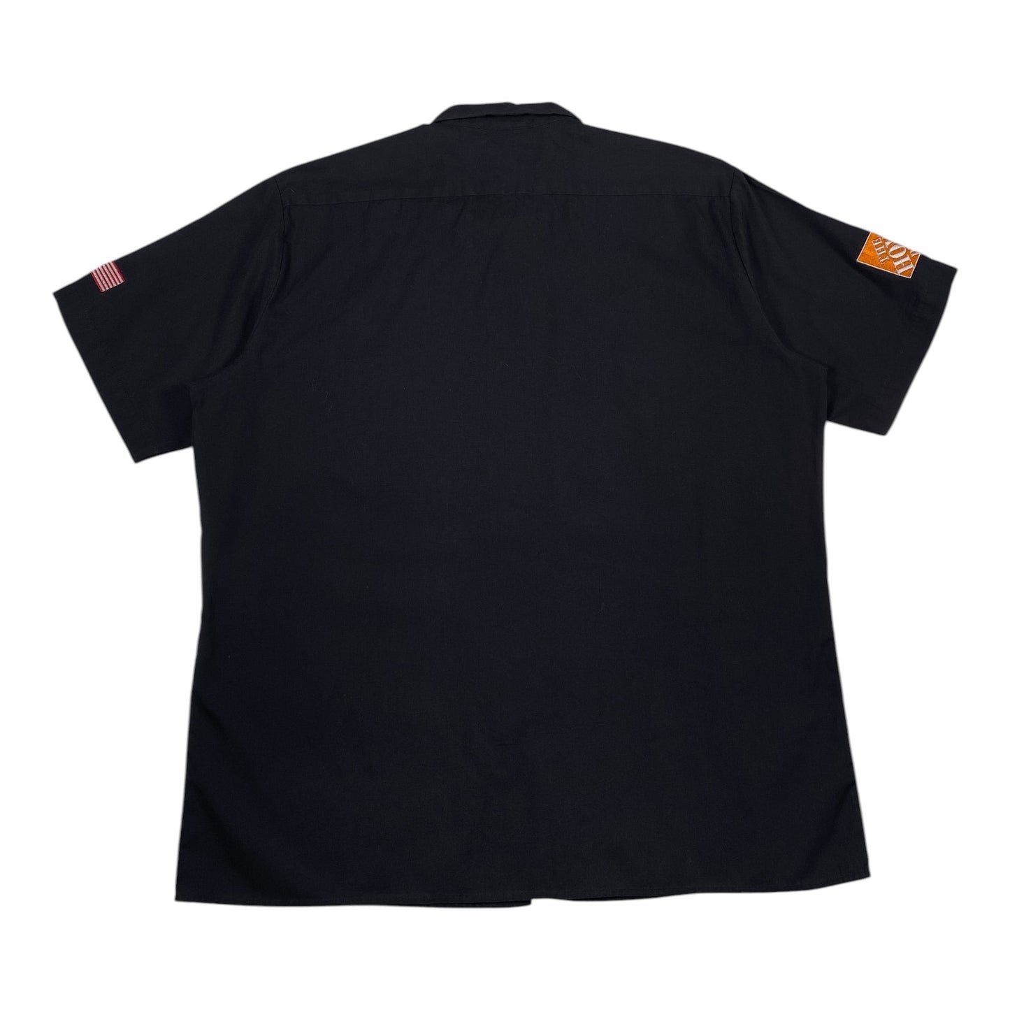 Digg It Thrift & Vintage black short sleeve work shirt with Home Depot logo and American flag patch, size XL