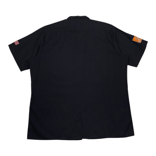 Digg It Thrift & Vintage black short sleeve work shirt with Home Depot logo and American flag patch, size XL