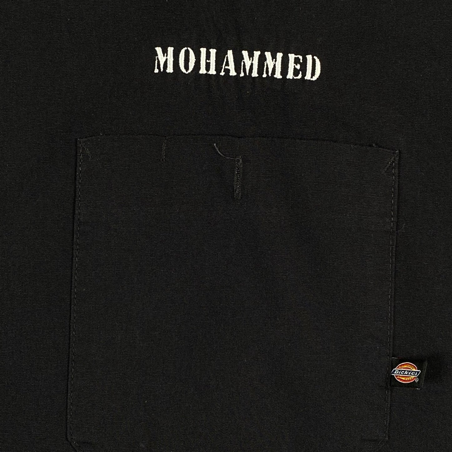 Digg It Thrift & Vintage black short sleeve work shirt with Mohammed embroidery and Dickies pocket tag