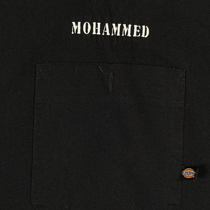 Digg It Thrift & Vintage black short sleeve work shirt with Mohammed embroidery and Dickies pocket tag