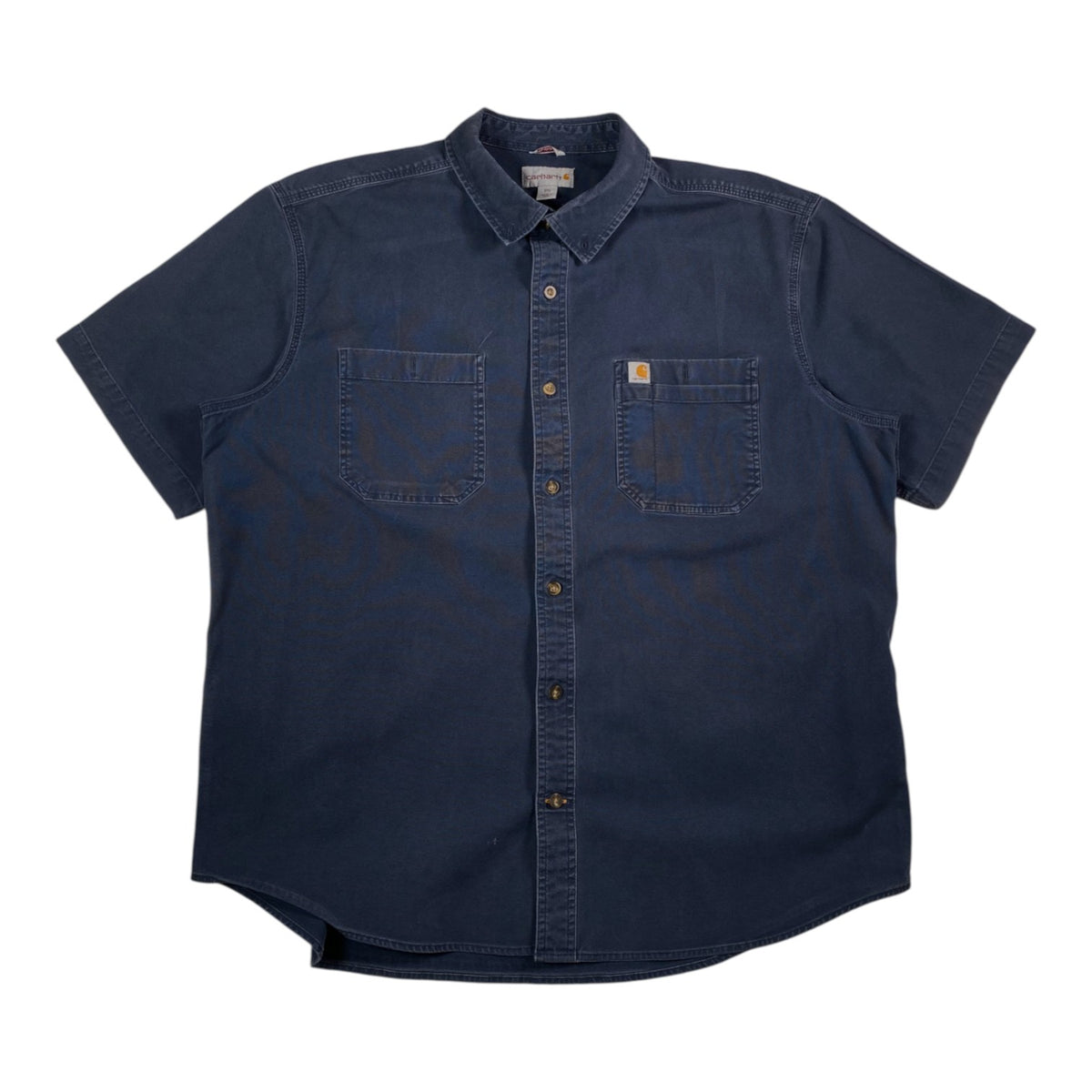Digg It Thrift & Vintage blue Carhartt short sleeve work shirt with dual chest pockets and button-down front