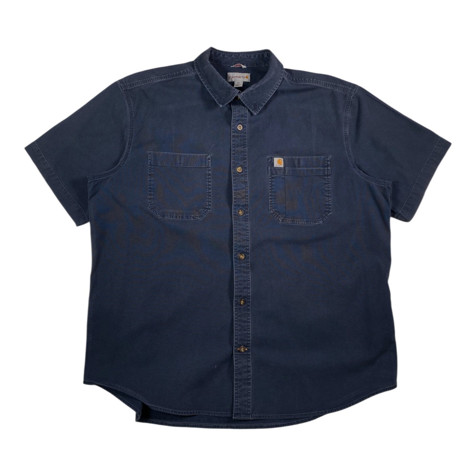 Digg It Thrift & Vintage blue Carhartt short sleeve work shirt with dual chest pockets and button-down front