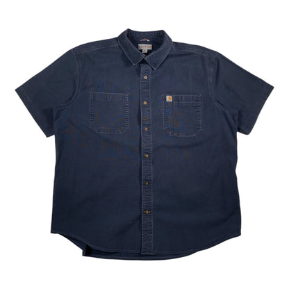 Digg It Thrift & Vintage blue Carhartt short sleeve work shirt with dual chest pockets and button-down front