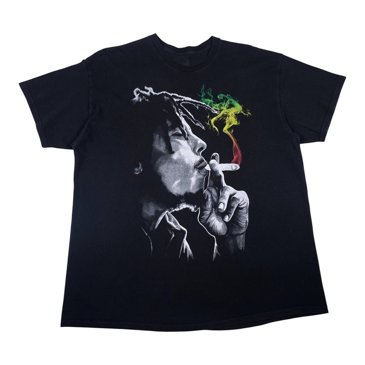 Digg It Thrift & Vintage black Zion Rootswear Bob Marley t-shirt with a Rasta smoke portrait graphic.