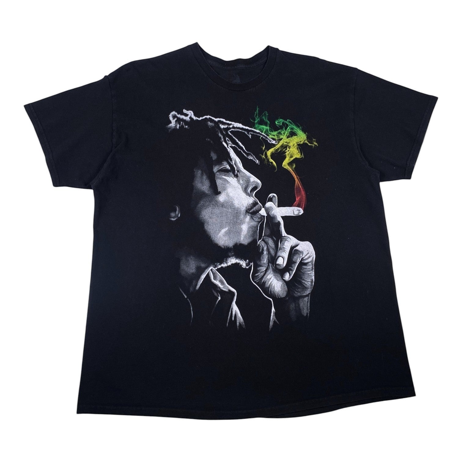 Digg It Thrift & Vintage black Zion Rootswear Bob Marley t-shirt with a Rasta smoke portrait graphic.