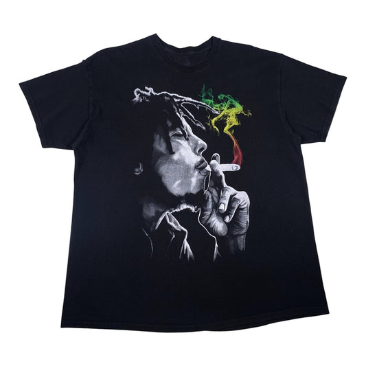Digg It Thrift & Vintage black Zion Rootswear Bob Marley t-shirt with a Rasta smoke portrait graphic.