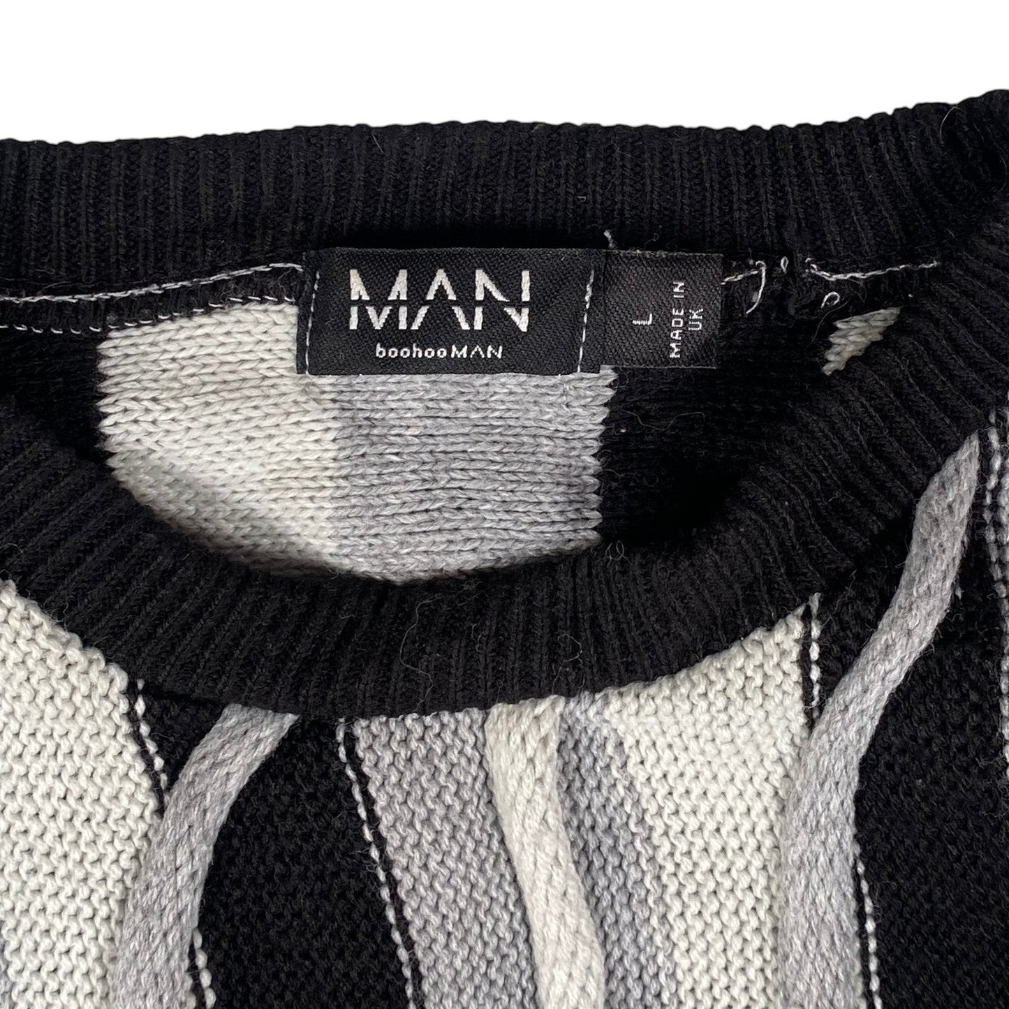 Digg It Thrift & Vintage boohooMAN black and grey monochromatic wavy cable knit sweater collar and size label