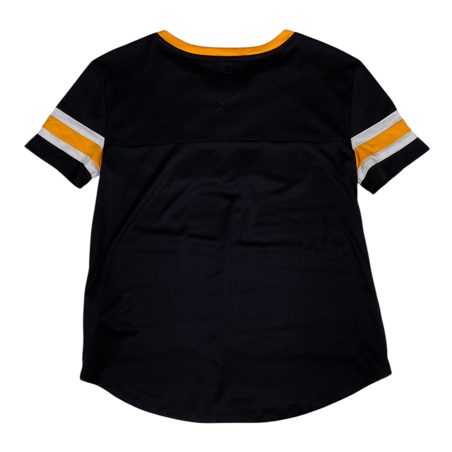 Back view of a black Digg It Thrift & Vintage Boston Bruins NHL jersey with yellow and white sleeve stripes