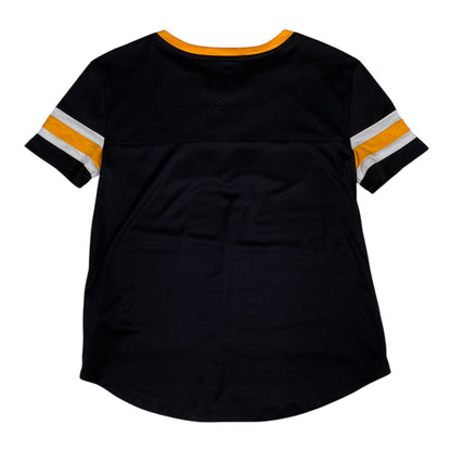 Back view of a black Digg It Thrift & Vintage Boston Bruins NHL jersey with yellow and white sleeve stripes