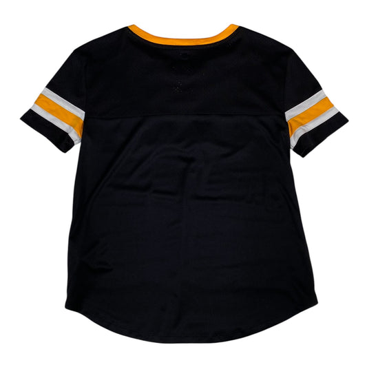 Back view of a black Digg It Thrift & Vintage Boston Bruins NHL jersey with yellow and white sleeve stripes