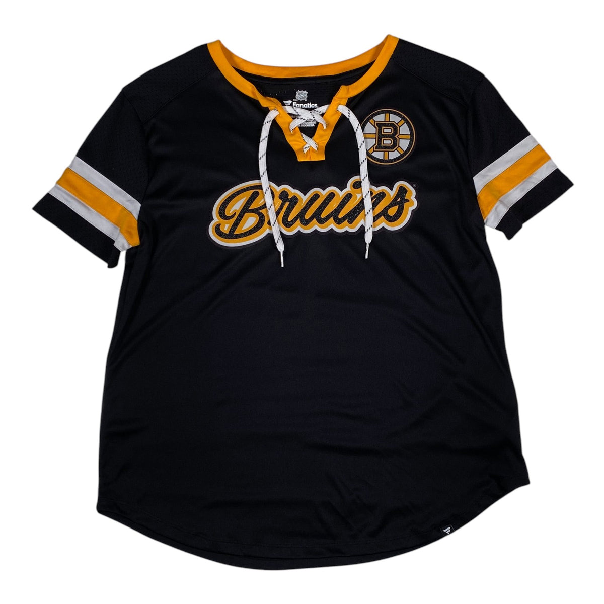 Digg It Thrift & Vintage Boston Bruins NHL lace-up short sleeve jersey in black, yellow, and white, size medium.