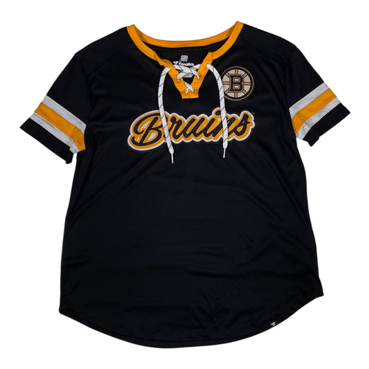 Digg It Thrift & Vintage Boston Bruins NHL lace-up short sleeve jersey in black, yellow, and white, size medium.