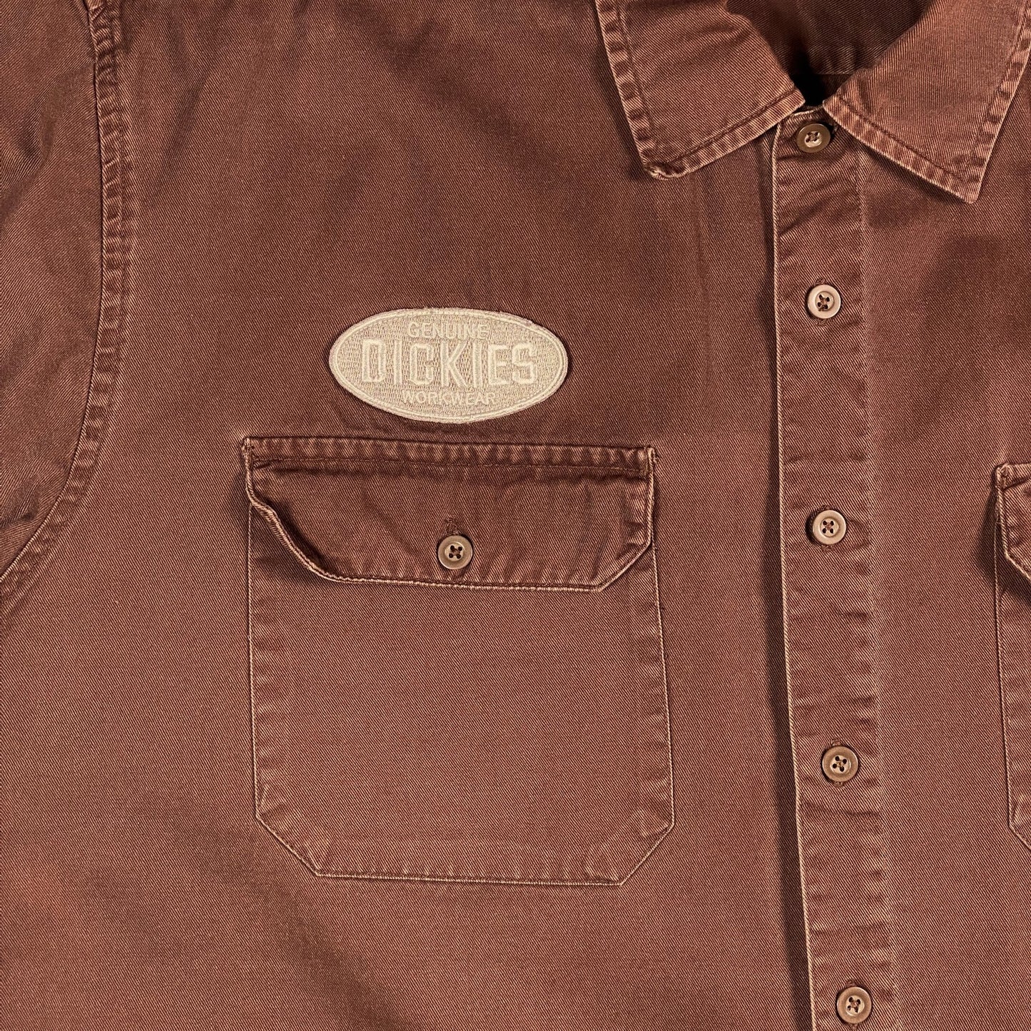 Digg It Thrift & Vintage dark brown Dickies short-sleeve work shirt with a chest pocket and embroidered logo patch