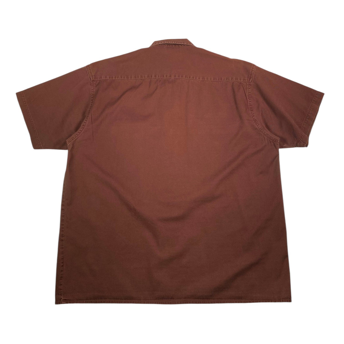 Back view of a dark brown Dickies short-sleeve work shirt from Digg It Thrift & Vintage, size XL fitting like Large.