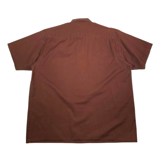 Back view of a dark brown Dickies short-sleeve work shirt from Digg It Thrift & Vintage, size XL fitting like Large.