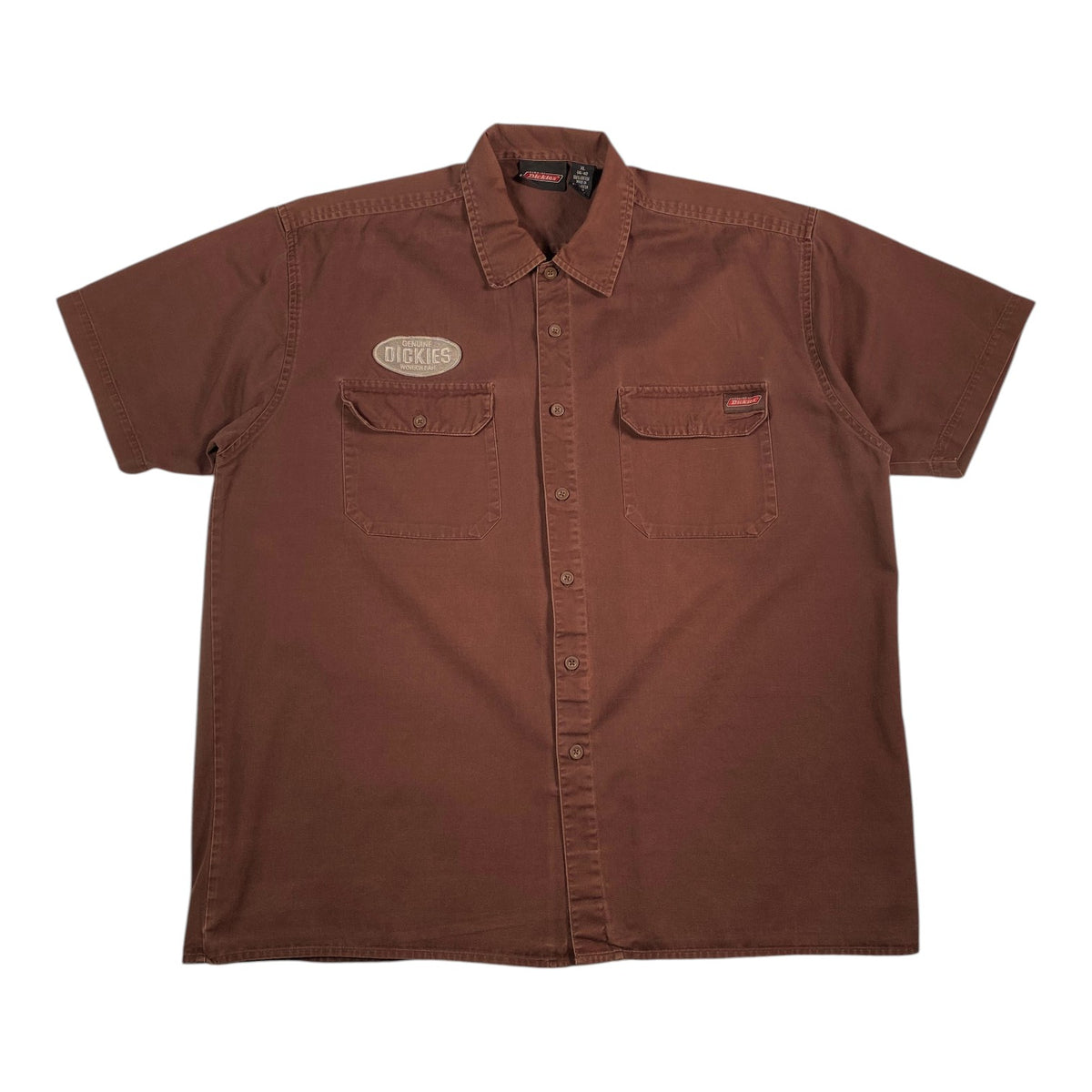 Digg It Thrift & Vintage dark brown short-sleeve Dickies work shirt with dual chest pockets and button-down front.