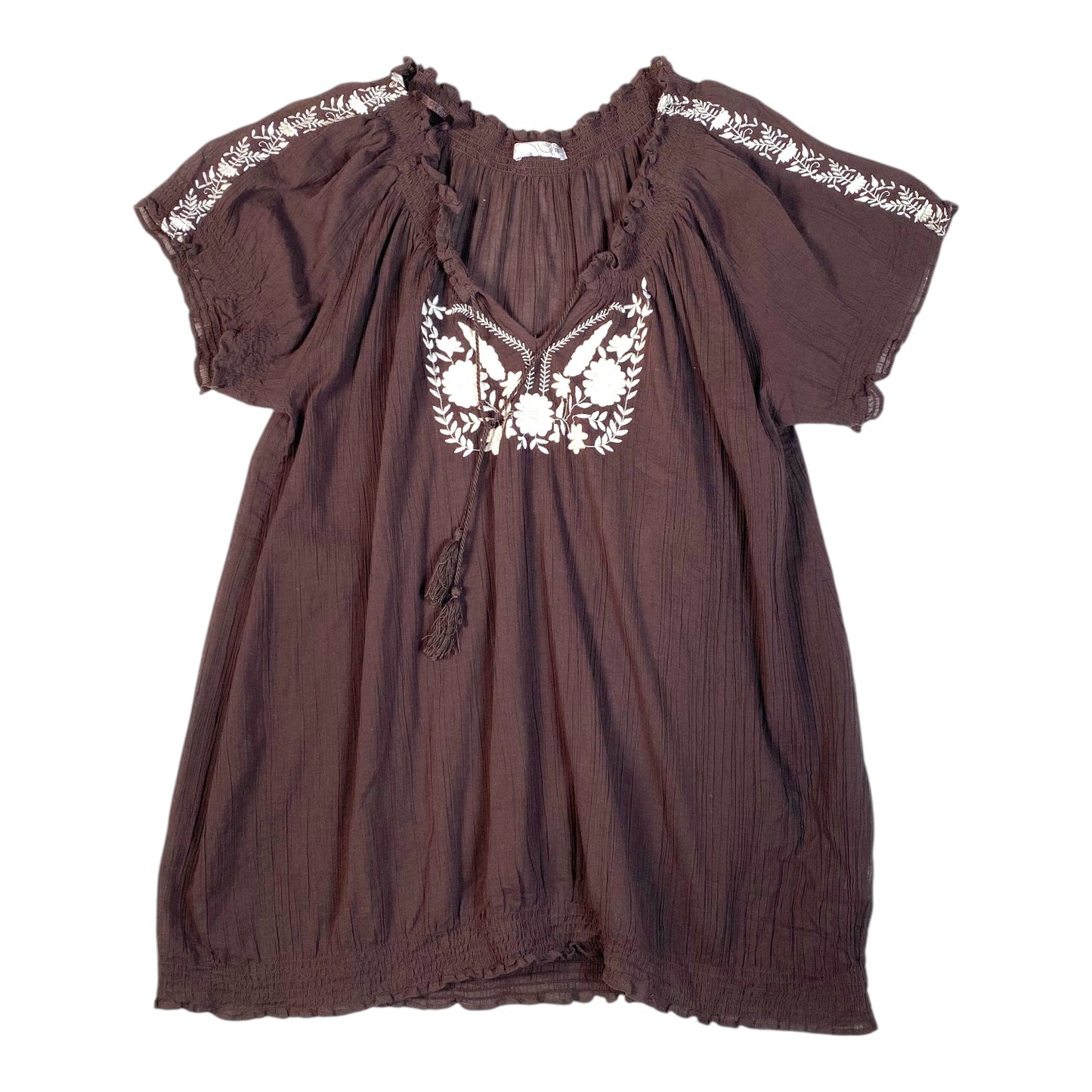 Digg It Thrift & Vintage brown cotton top with white floral embroidery, tassel detail, and ruffled neckline
