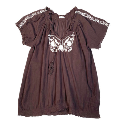 Digg It Thrift & Vintage brown cotton top with white floral embroidery, tassel detail, and ruffled neckline
