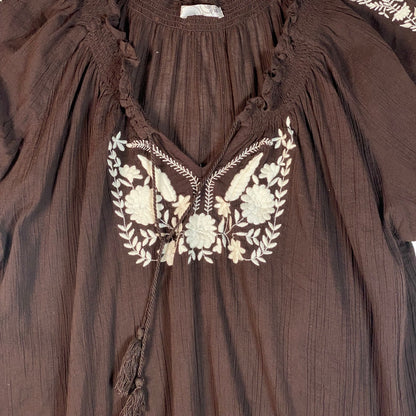 Digg It Thrift & Vintage brown peasant top with white floral embroidery, v-neckline, and tassel tie, size XL fit