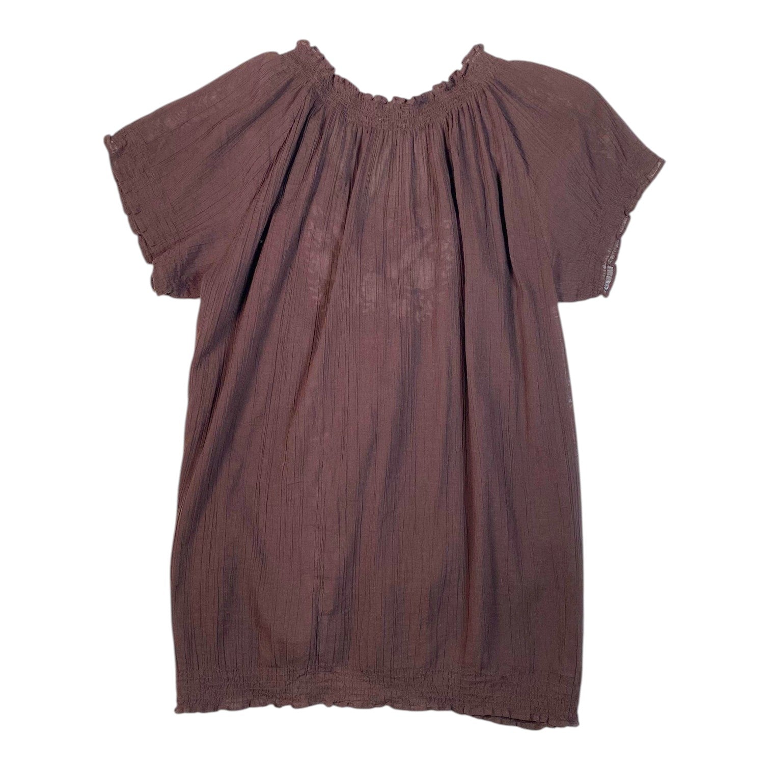 Digg It Thrift & Vintage brown embroidered top with a gathered neckline and hem, fitting like an XL size.