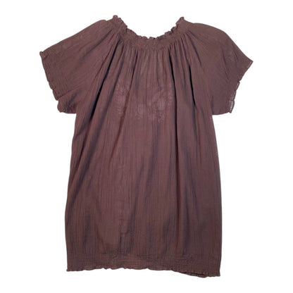 Digg It Thrift & Vintage brown embroidered top with a gathered neckline and hem, fitting like an XL size.
