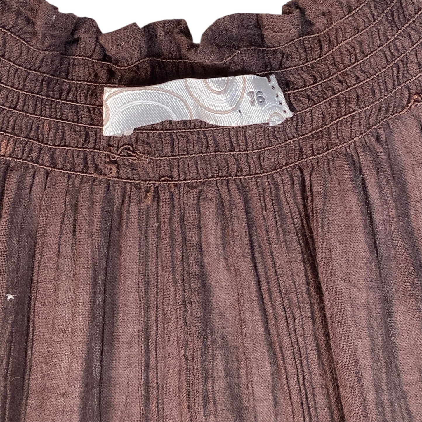 Digg It Thrift & Vintage brown embroidered top with a gathered neckline and size 16 tag, fits like an XL.