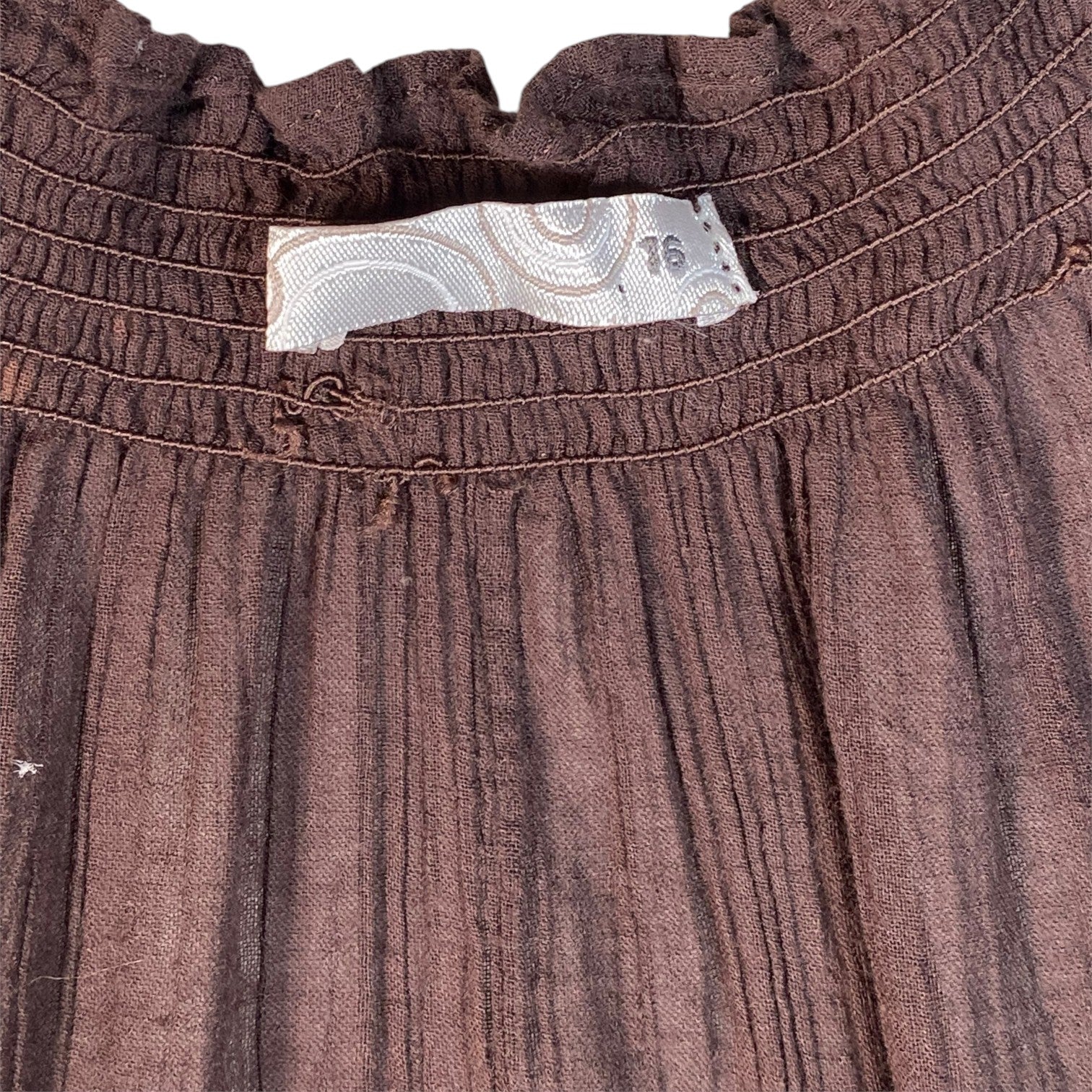 Digg It Thrift & Vintage brown embroidered top with a gathered neckline and size 16 tag, fits like an XL.