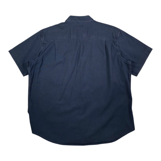 Back view of a blue Carhartt short sleeve work shirt from Digg It Thrift & Vintage, size 2XL fitting like an XL.