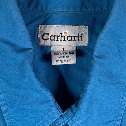 Digg It Thrift & Vintage Carhartt royal blue short sleeve work shirt with size L tag and cotton fabric detail