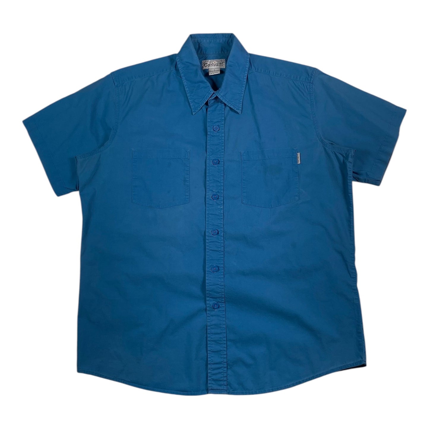 Digg It Thrift & Vintage royal blue Carhartt short sleeve work shirt with button-down collar and dual chest pockets.