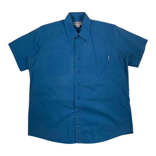 Digg It Thrift & Vintage royal blue Carhartt short sleeve work shirt with button-down collar and dual chest pockets.