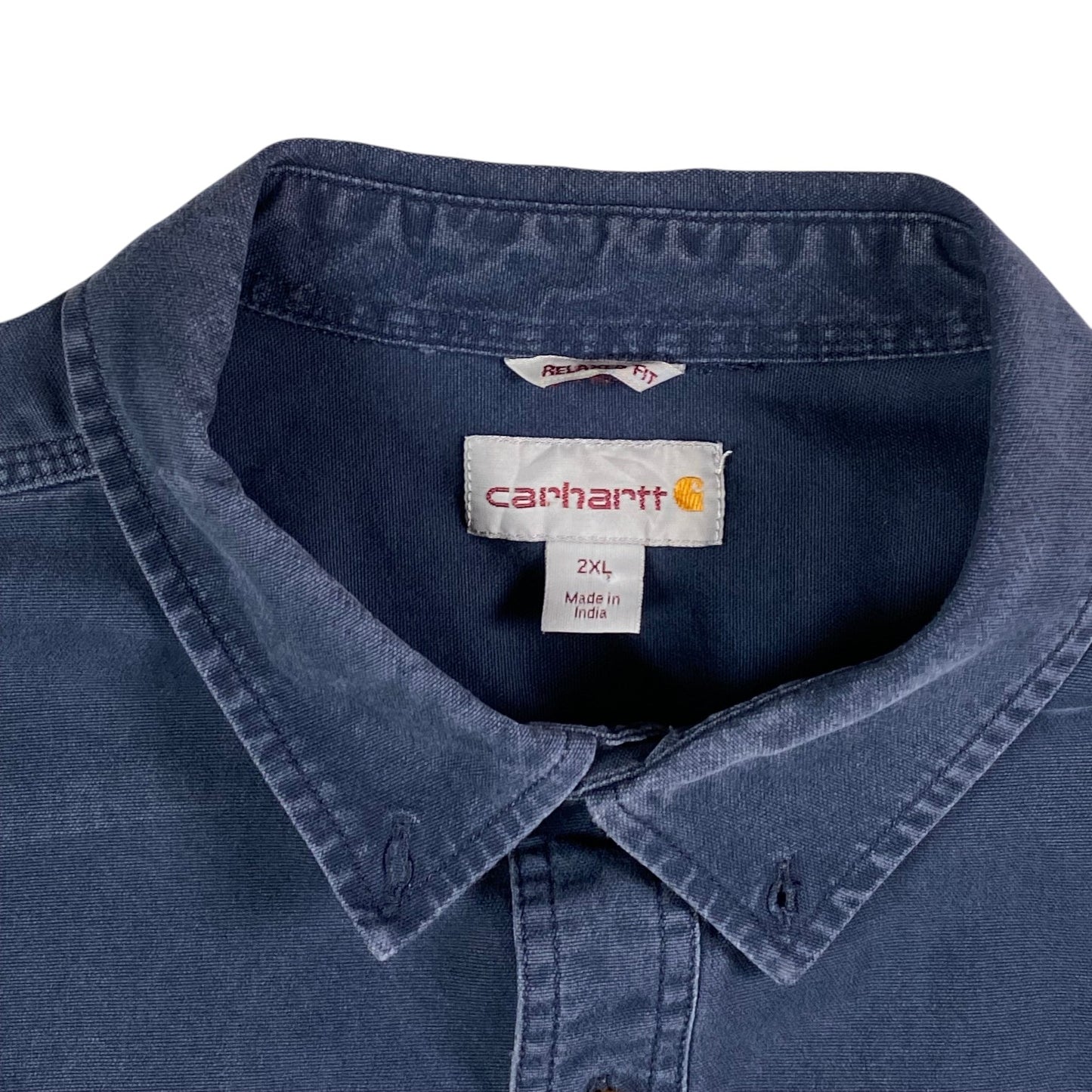 Digg It Thrift & Vintage blue Carhartt short sleeve work shirt with relaxed fit collar tag, size 2XL