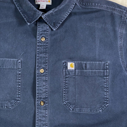Digg It Thrift & Vintage blue Carhartt short sleeve work shirt with dual chest pockets and button-down collar
