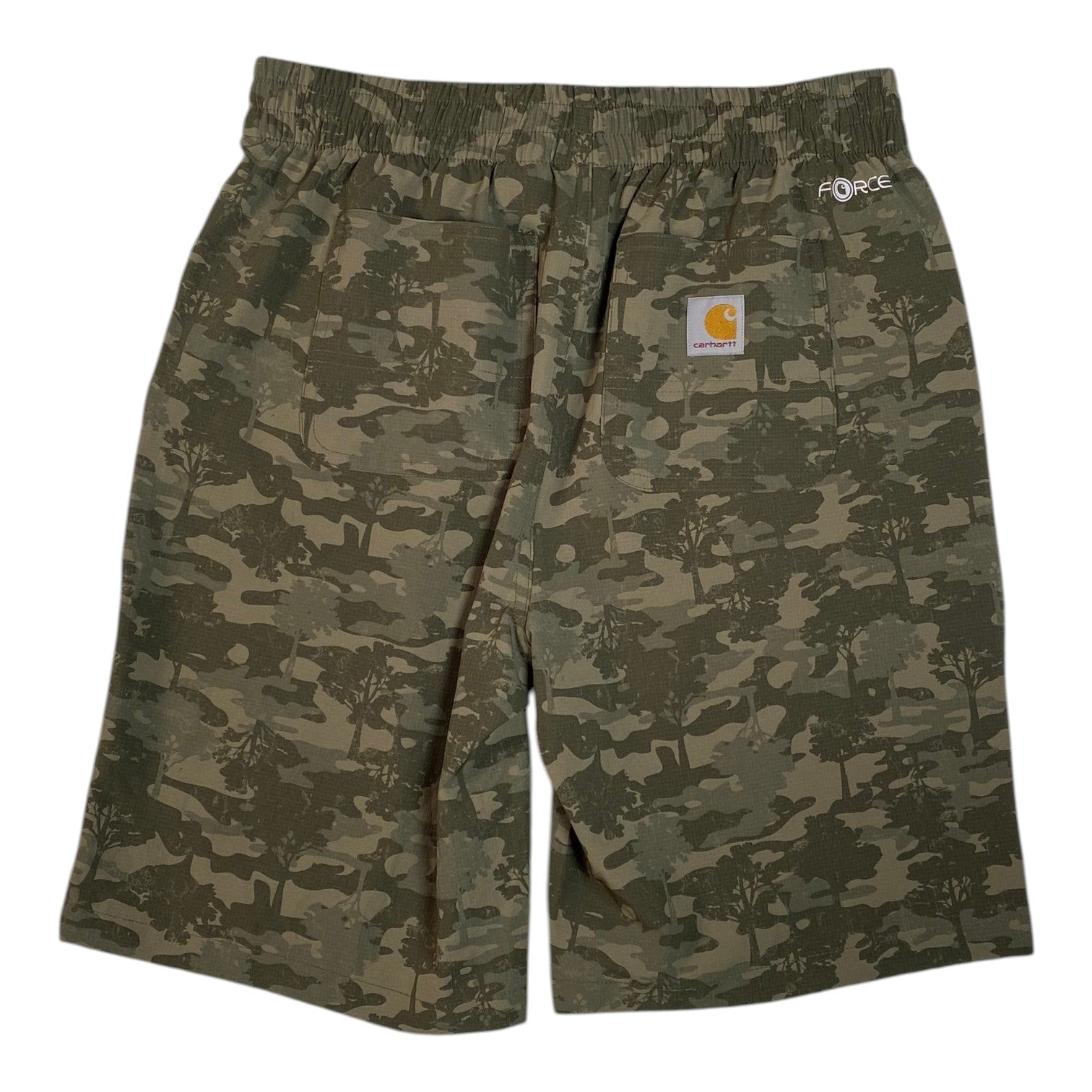 Digg It Thrift & Vintage Carhartt Force camo ripstop stretch shorts with elastic waistband and logo patch