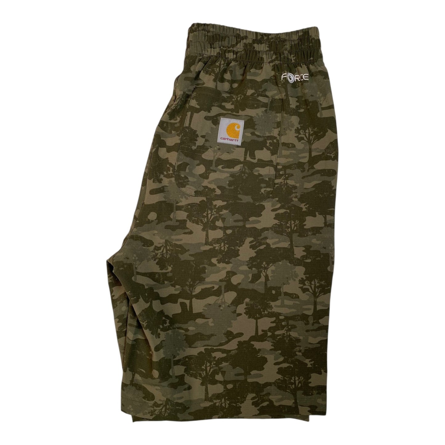 Digg It Thrift & Vintage Carhartt Force camo ripstop stretch shorts in green with back pocket logo patch