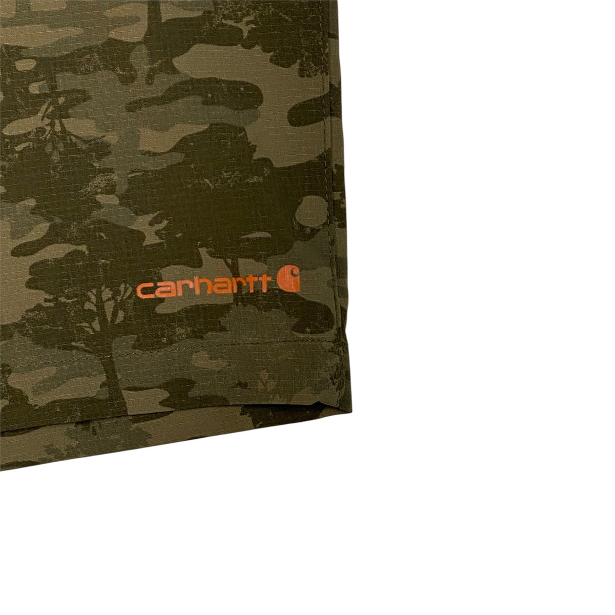 Digg It Thrift & Vintage Carhartt Force camo ripstop stretch shorts with orange logo detail