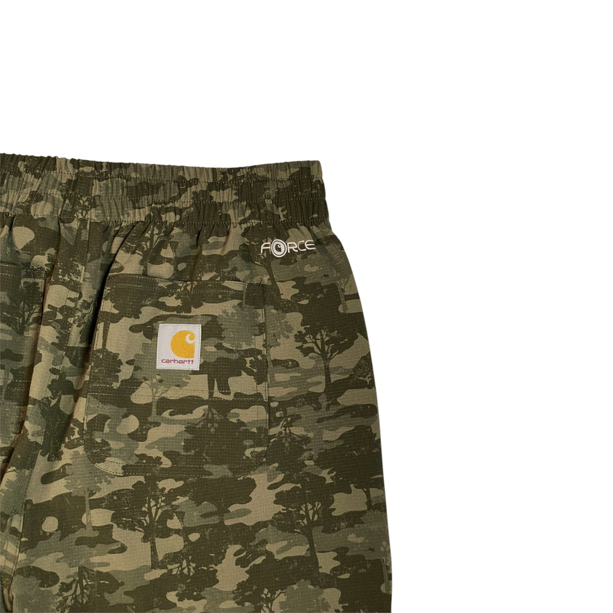 Digg It Thrift & Vintage Carhartt Force camo ripstop stretch shorts with elastic waistband and back pocket logo