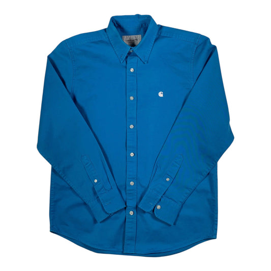 Digg It Thrift & Vintage Carhartt WIP vibrant cyan blue long sleeve button-down shirt with small chest logo