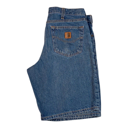 Digg It Thrift & Vintage Carhartt relaxed fit blue denim jorts with back pocket logo patch