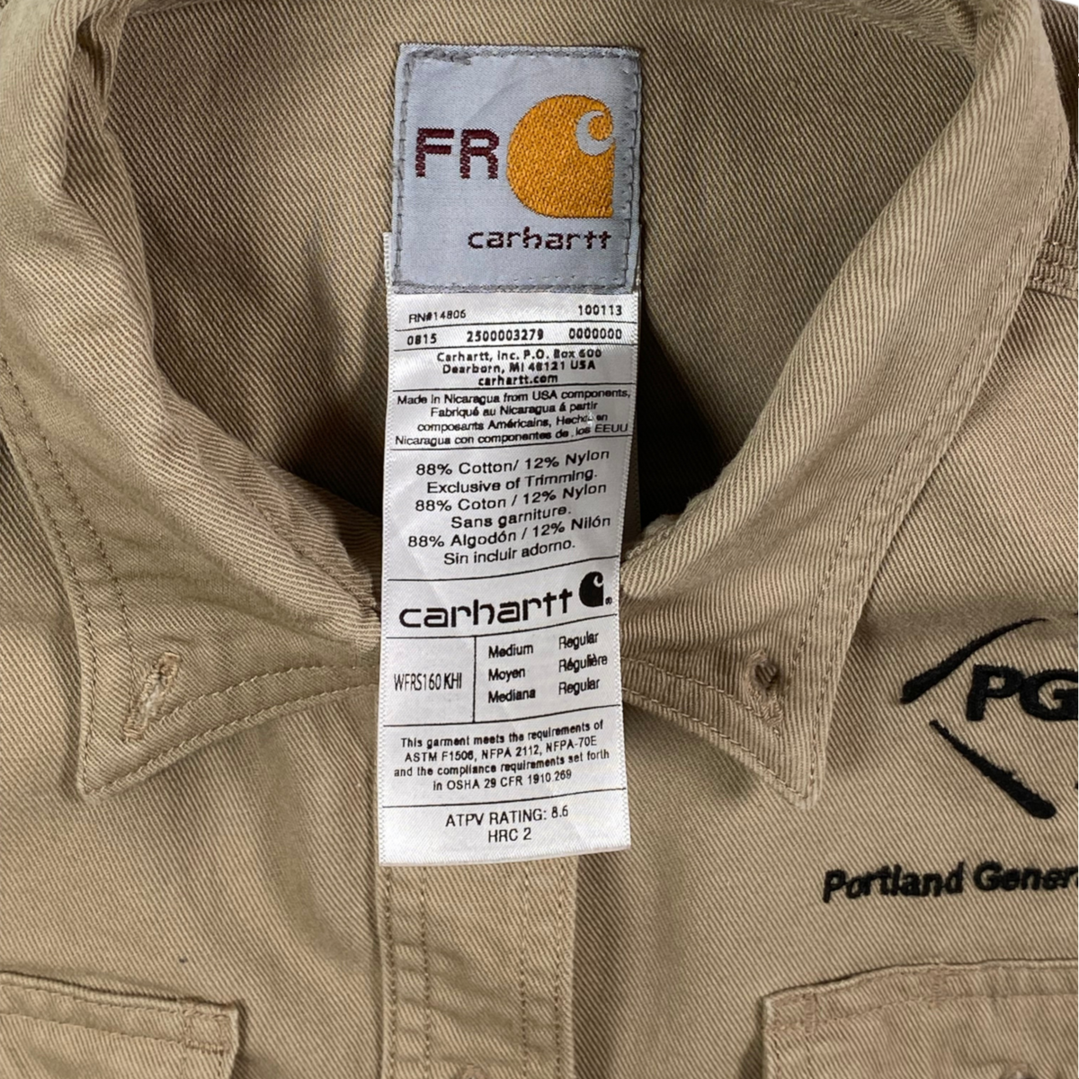 Digg It Thrift & Vintage Carhartt flame resistant tan canvas work shirt with Portland General Electric embroidery